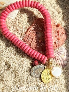 TURQUOISE Red Bead Bracelet with Gold-Tone Charms